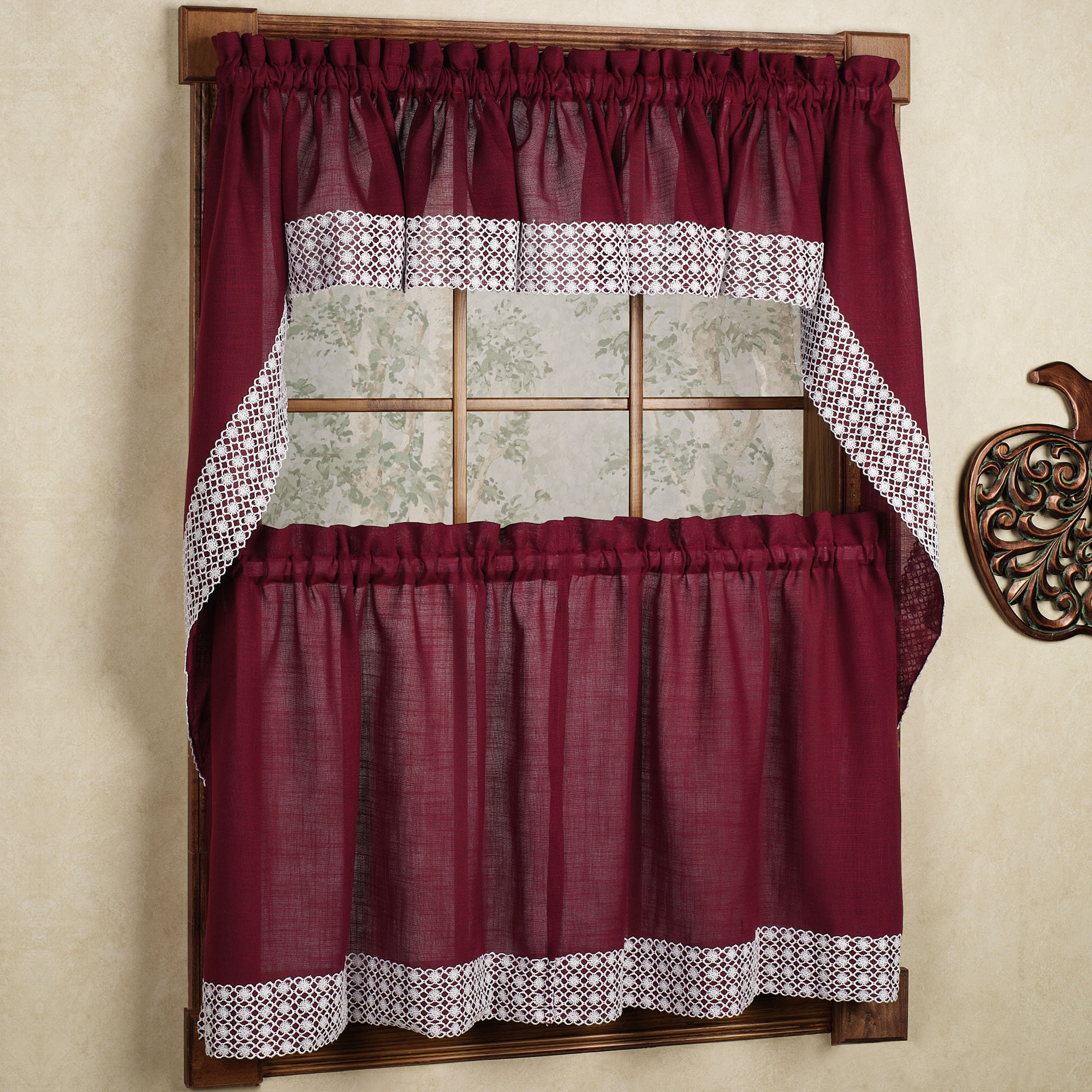 Salem Kitchen Curtain Burgundy w/White Lace Trim Lorraine Home