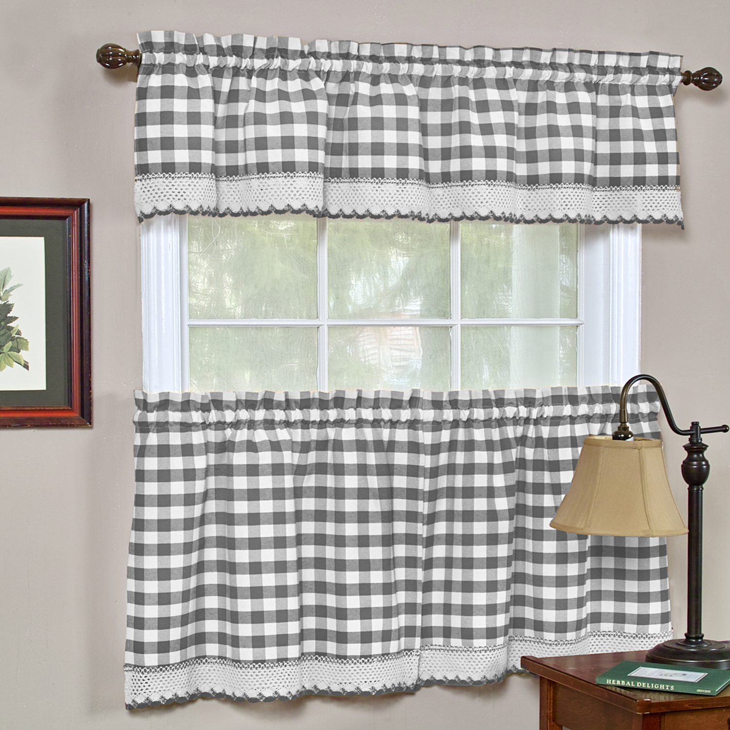 Buffalo Check Gingham Kitchen Curtains Tiers Or Valance Gray Ebay