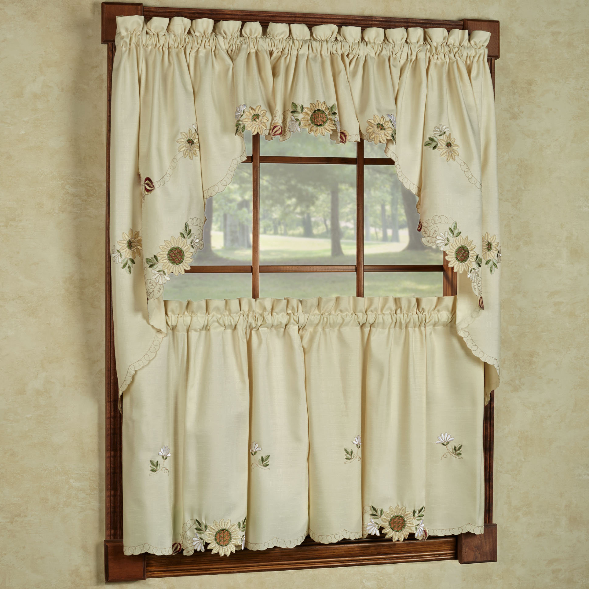 Sunflower Cream Embroidered Kitchen Curtains Tiers Valance Or Swag