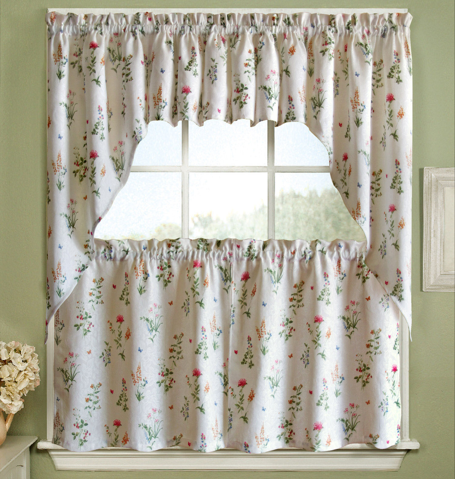 English Garden Floral White Jacquard Kitchen Curtains Tier Valance Or Swag Ebay