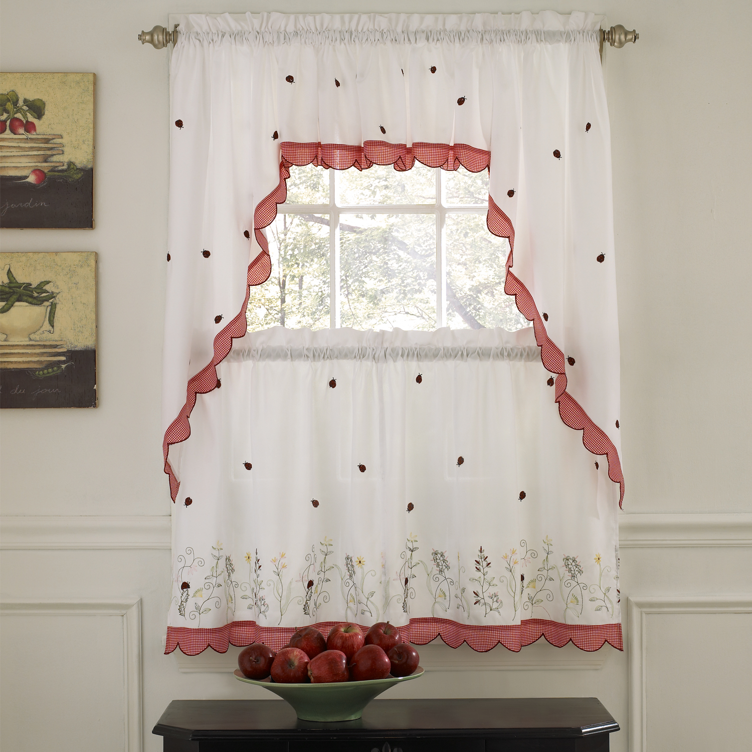 Embroidered Ladybug Meadow Kitchen Curtains Choice Of Tiers Or Valance Or Swags Ebay