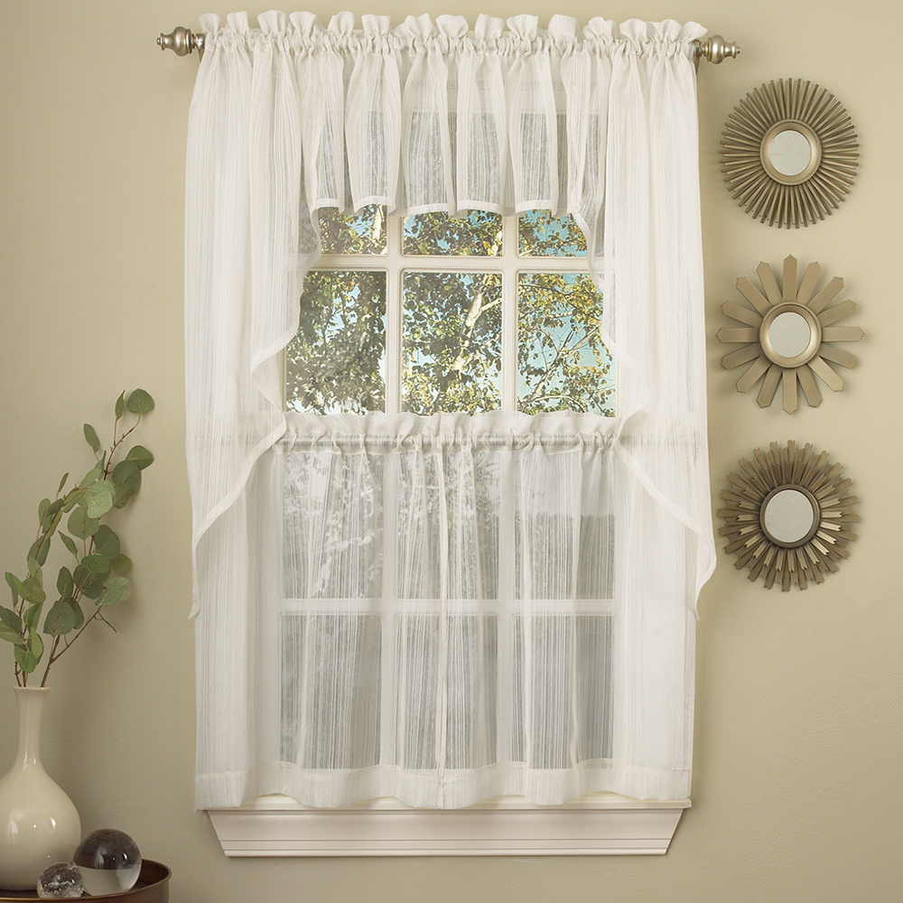 Harmony White Micro Stripe Semi Sheer Kitchen Curtains Tier Or