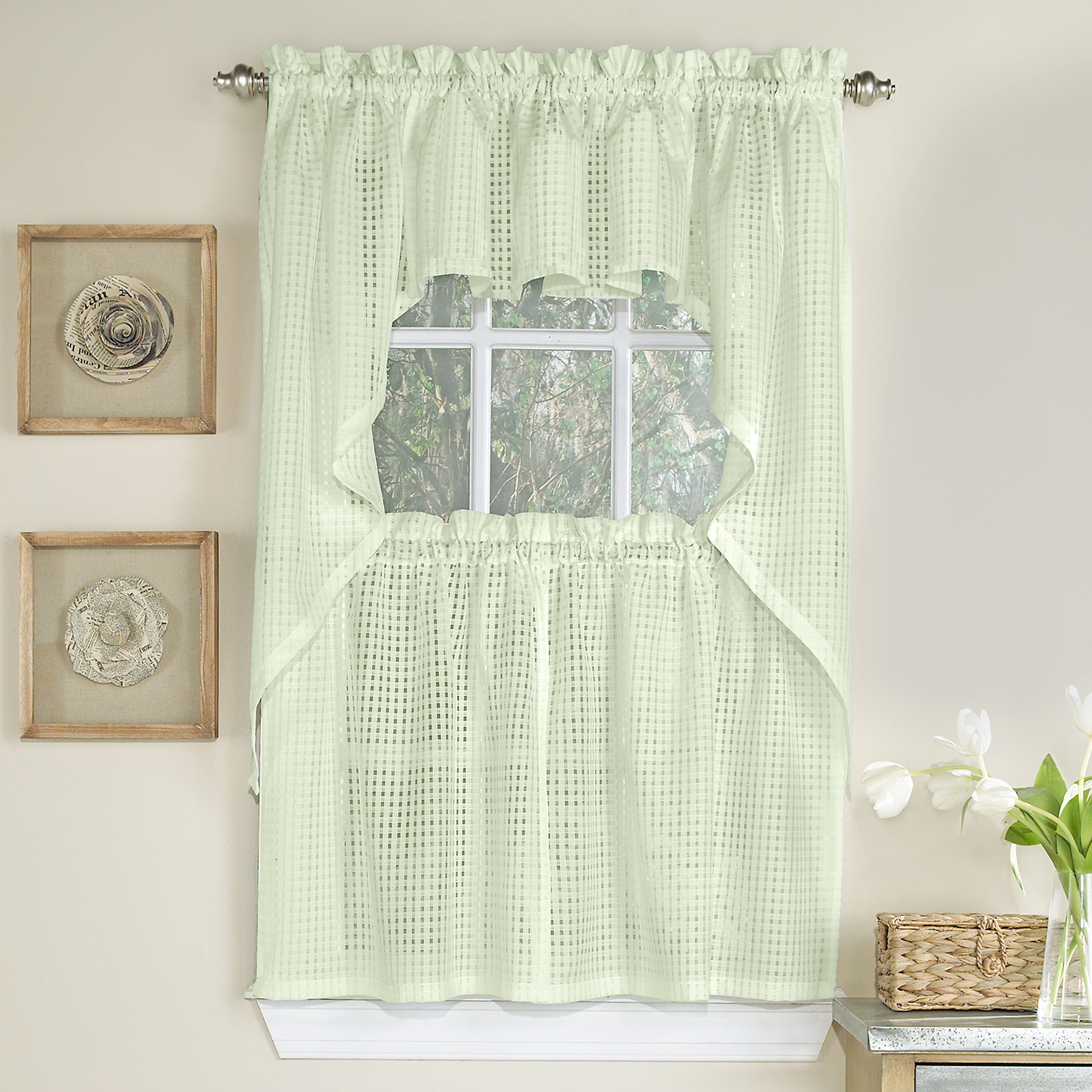 Micro Check 2 Tone Cream Semi Sheer Window Curtain Tiers Valance