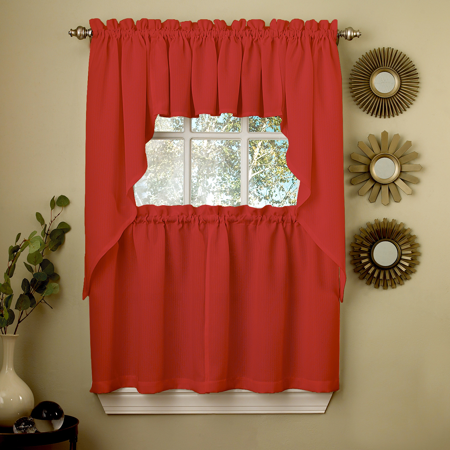 Red Opaque Solid Ribcord Kitchen Curtains Choice Of Tier Valance