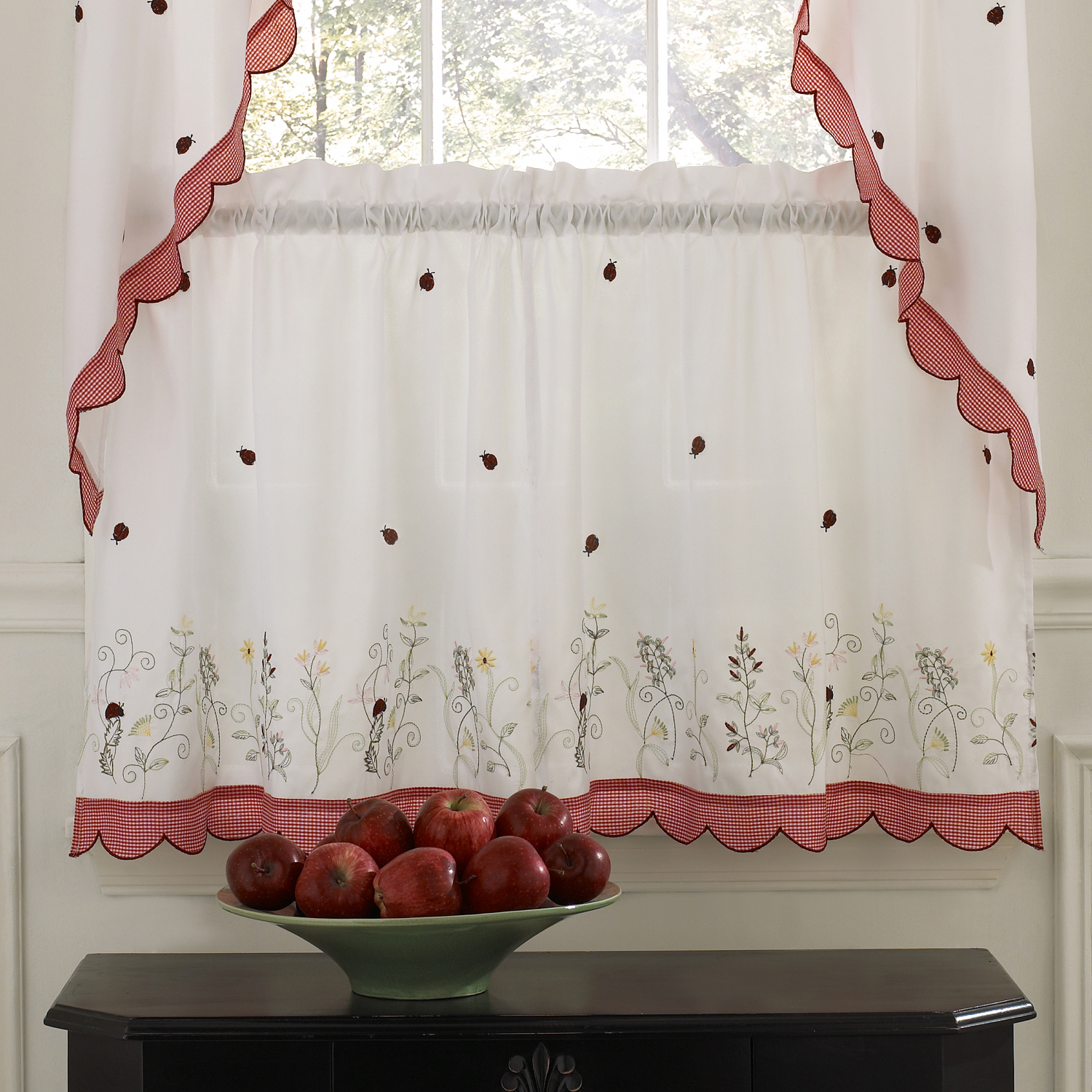 Embroidered Ladybug Meadow Kitchen Curtains 24 Tier Swag