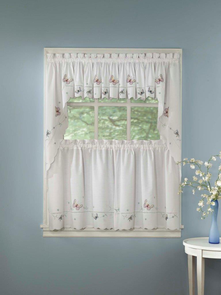 Monarch Embroidered Butterfly White Kitchen Curtains Tiers Valance Or Swag Ebay