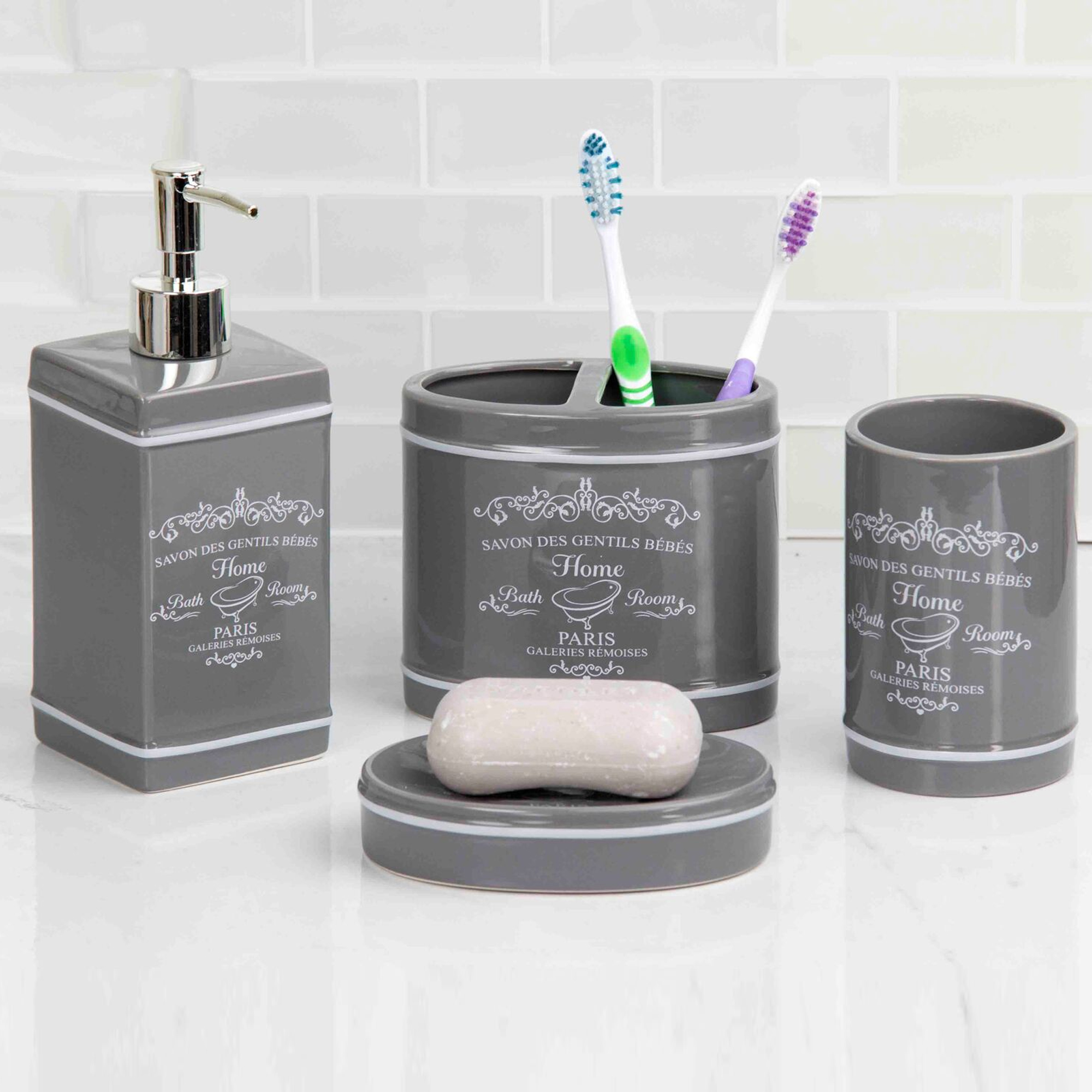 Home Basics Paris Gray Ceramic Bathroom Accessories 4 Piece Set Ebay