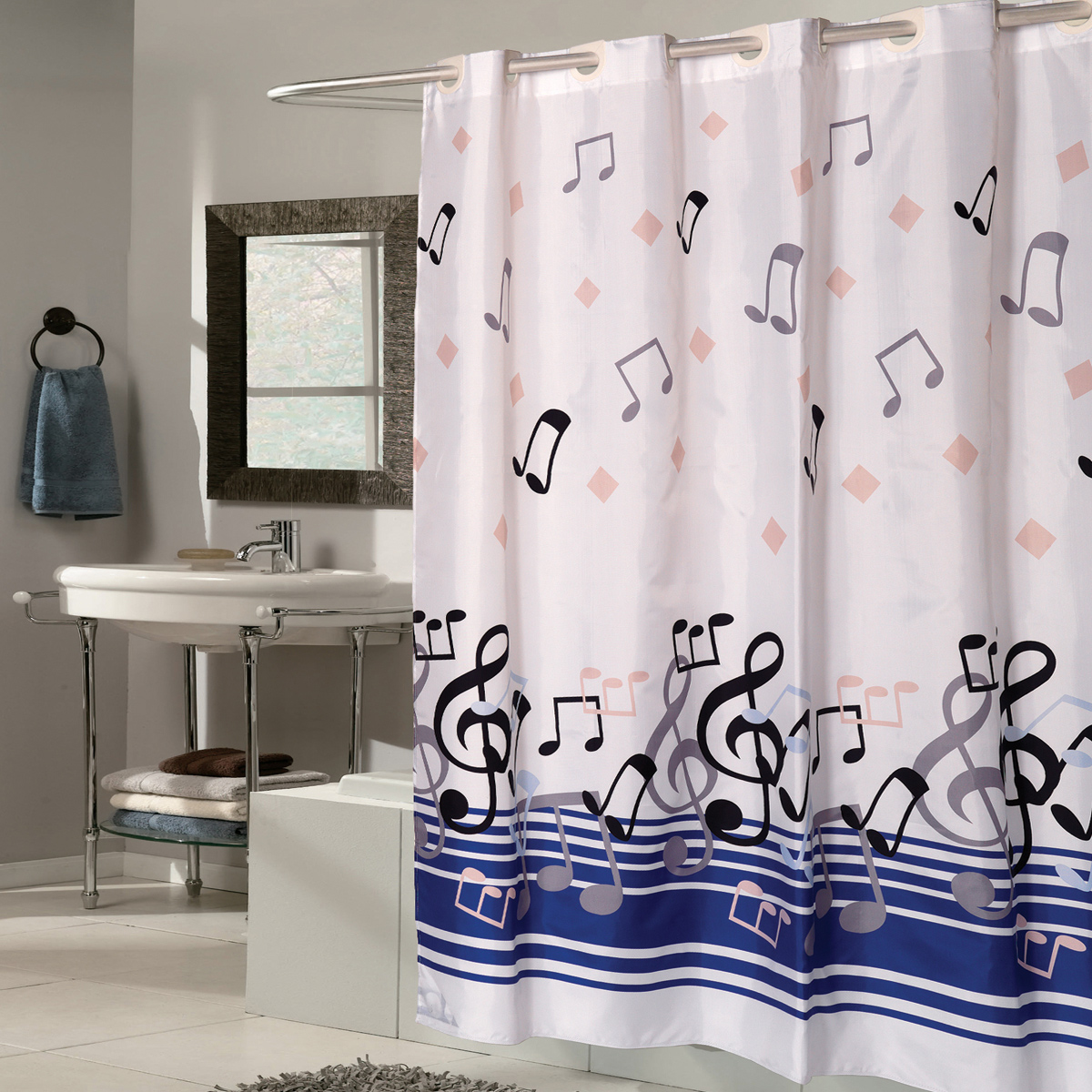 Ez On Blue Tan Striped Fabric 70 X75, 70 X 75 Shower Curtain Liner