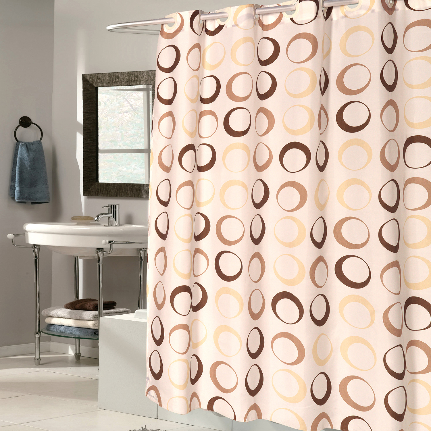 EZ On Brown Circles 100 EVA Shower Curtain With Built in Hooks 72"x72
