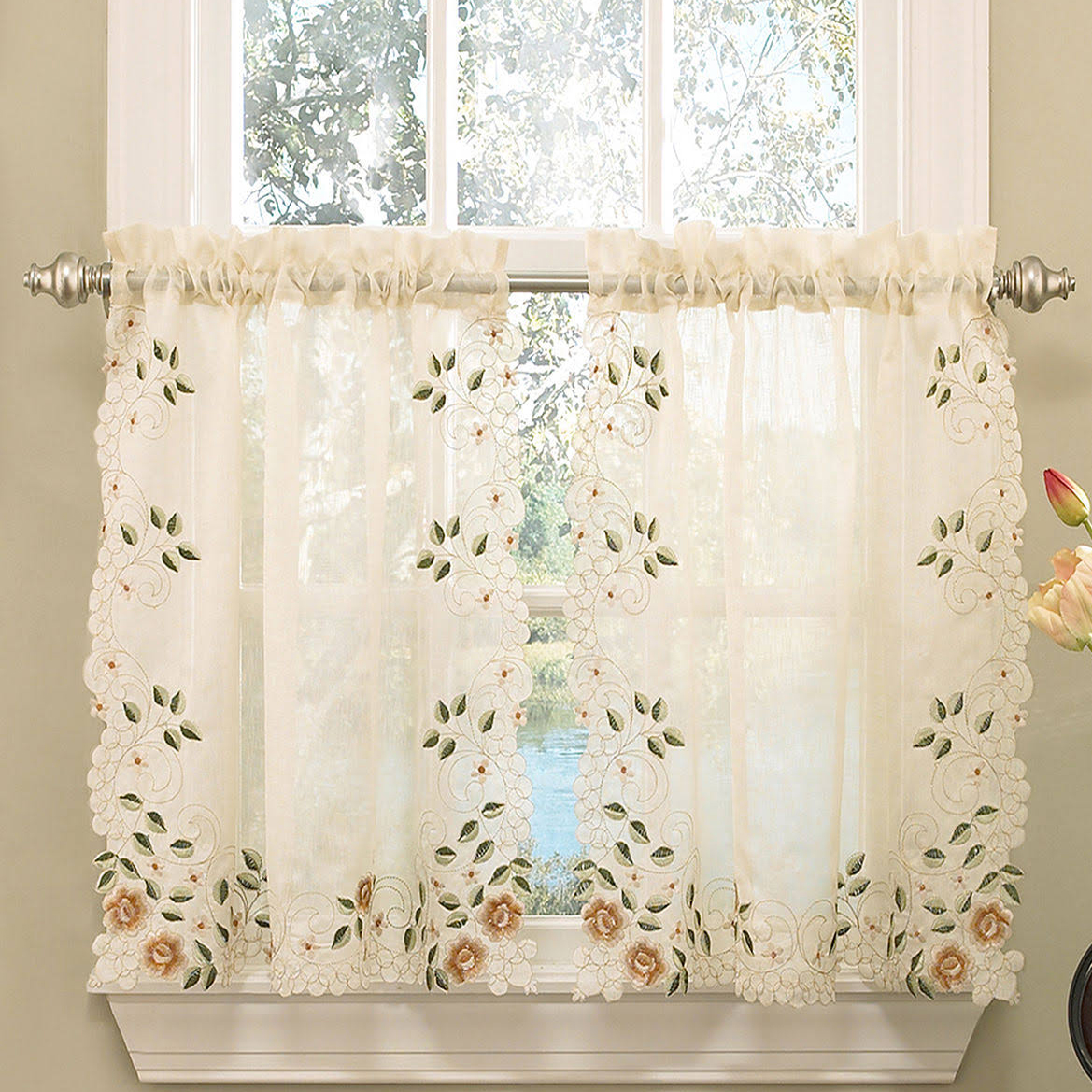 SemiSheer Kitchen Curtain 24" Tier Swag Valance Set Rosemary Floral