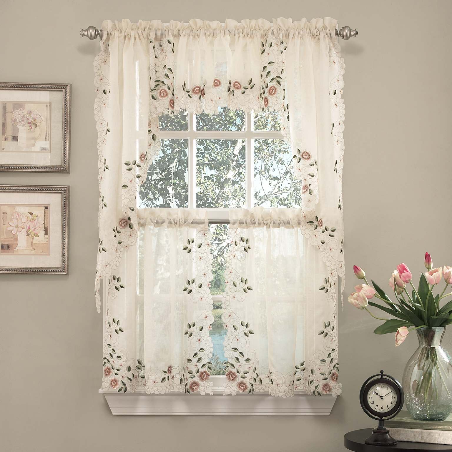 Rosemary Floral Embroidered Semi Sheer Kitchen Curtain 36 Tier Swag Valance Set 653078526585 Ebay