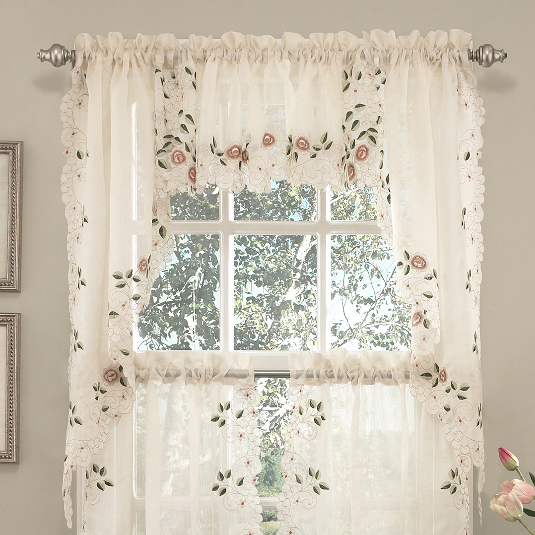 Rosemary Floral Embroidered Semi Sheer Kitchen Curtain 36 Tier Swag   1732644 